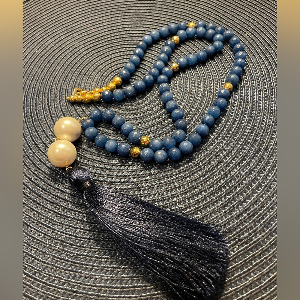 Elegant Blue and Gold and Pearl Beaded Necklace with Tassel